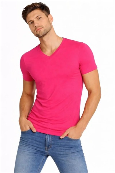 Erkek T-Shirt V Yaka Slim Fit Dar Kesim Likralı Tişört Günlük Basic Body - Pembe