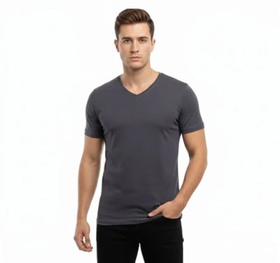 Erkek T-Shirt V Yaka Slim Fit Dar Kesim Likralı Tişört Günlük Basic Body - Füme