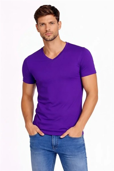 Erkek T-Shirt V Yaka Slim Fit Dar Kesim Likralı Tişört Günlük Basic Body - Mor