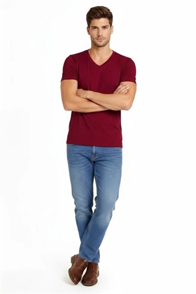 Erkek T-Shirt V Yaka Slim Fit Dar Kesim Likralı Tişört Günlük Basic Body - Bordo