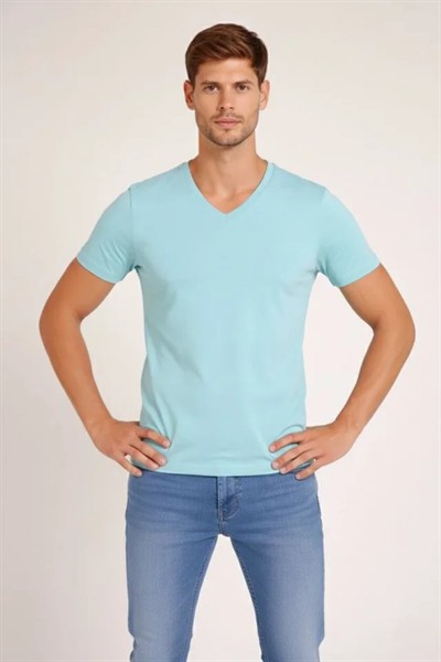 Erkek T-Shirt V Yaka Slim Fit Dar Kesim Likralı Tişört Günlük Basic Body - Turkuvaz