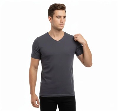 Erkek T-Shirt V Yaka Slim Fit Dar Kesim Likralı Tişört Günlük Basic Body - Füme