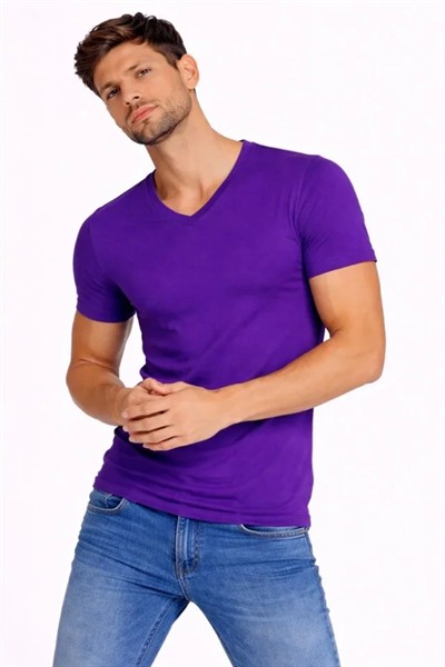 Erkek T-Shirt V Yaka Slim Fit Dar Kesim Likralı Tişört Günlük Basic Body - Mor