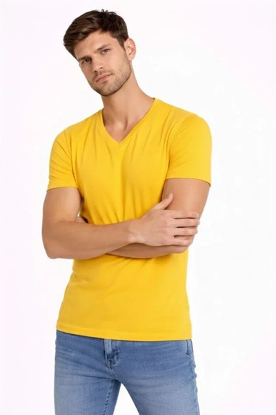 Erkek T-Shirt V Yaka Slim Fit Dar Kesim Likralı Tişört Günlük Basic Body - Limon