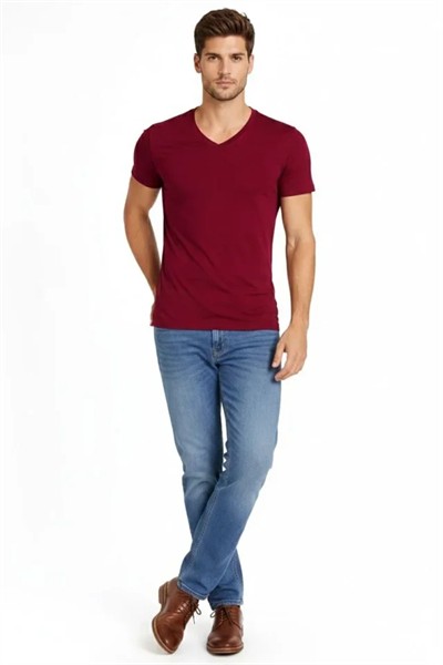 Erkek T-Shirt V Yaka Slim Fit Dar Kesim Likralı Tişört Günlük Basic Body - Bordo