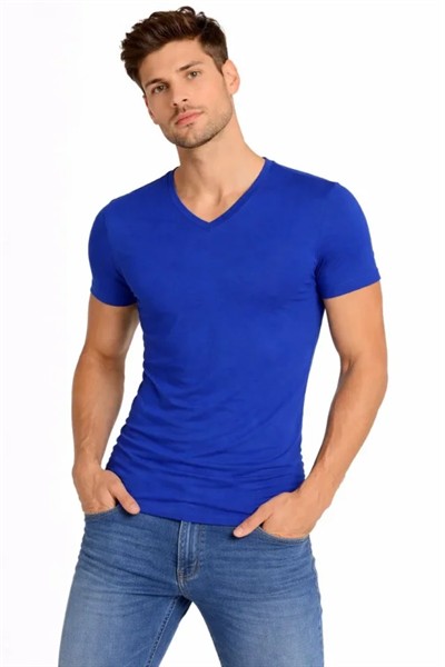 Erkek T-Shirt V Yaka Slim Fit Dar Kesim Likralı Tişört Günlük Basic Body - Saks Mavisi