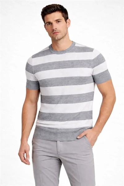 Erkek T-shirt Çizgili Triko Dokuma Bisiklet Yaka Tişört - Gri