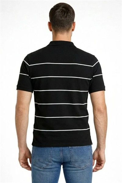 Erkek T-shirt Çizgili Triko Dokuma Kumaş Polo Yaka Yarım Fermuarlı Regular Kalıp Tişört - Siyah