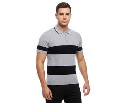 Erkek T-shirt Çizgili Triko Dokuma Kumaş Polo Yaka Yarım Fermuarlı Regular Kalıp Tişört - Gri