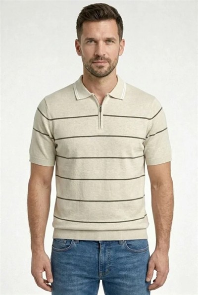 Erkek T-shirt Çizgili Triko Dokuma Kumaş Polo Yaka Yarım Fermuarlı Regular Kalıp Tişört - Bej