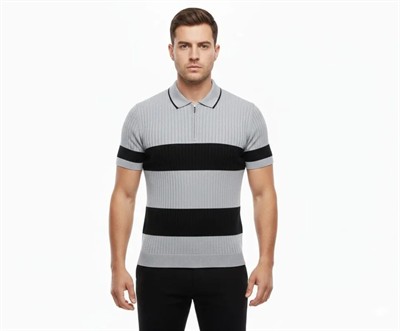 Erkek T-shirt Çizgili Triko Dokuma Kumaş Polo Yaka Yarım Fermuarlı Regular Kalıp Tişört - Gri