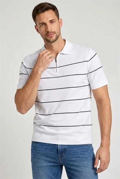 Erkek T-shirt Çizgili Triko Dokuma Kumaş Polo Yaka Yarım Fermuarlı Regular Kalıp Tişört - Beyaz