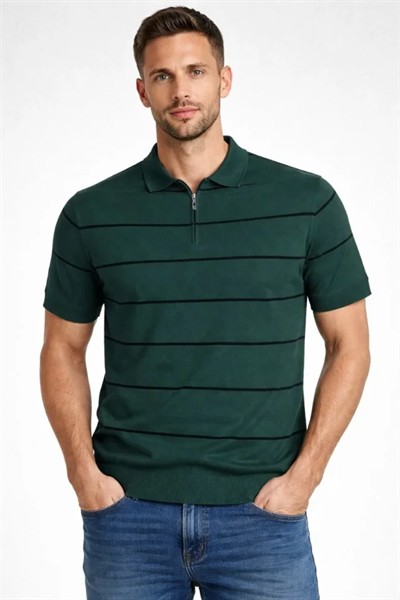 Erkek T-shirt Çizgili Triko Dokuma Kumaş Polo Yaka Yarım Fermuarlı Regular Kalıp Tişört - Çağla Yeşili