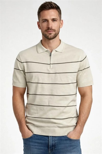 Erkek T-shirt Çizgili Triko Dokuma Kumaş Polo Yaka Yarım Fermuarlı Regular Kalıp Tişört - Bej