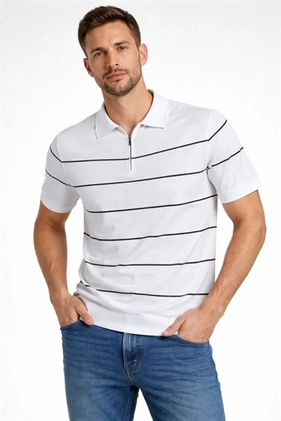 Erkek T-shirt Çizgili Triko Dokuma Kumaş Polo Yaka Yarım Fermuarlı Regular Kalıp Tişört - Beyaz