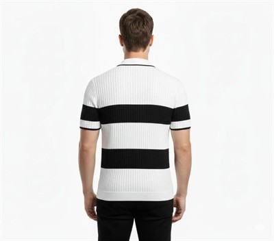 Erkek T-shirt Çizgili Triko Dokuma Kumaş Polo Yaka Yarım Fermuarlı Regular Kalıp Tişört - Beyaz