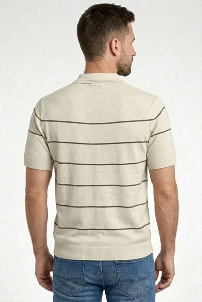 Erkek T-shirt Çizgili Triko Dokuma Kumaş Polo Yaka Yarım Fermuarlı Regular Kalıp Tişört - Bej