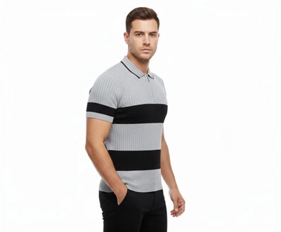 Erkek T-shirt Çizgili Triko Dokuma Kumaş Polo Yaka Yarım Fermuarlı Regular Kalıp Tişört - Gri