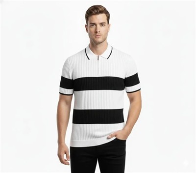 Erkek T-shirt Çizgili Triko Dokuma Kumaş Polo Yaka Yarım Fermuarlı Regular Kalıp Tişört - Beyaz