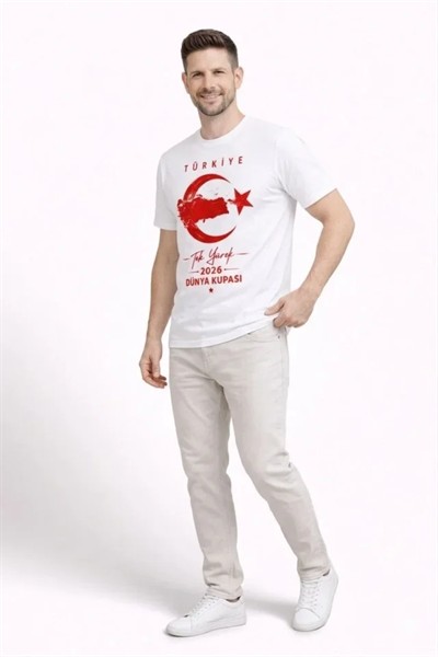 Erkek TÜRKİYE Ay Yıldız Baskılı Taraftar Forma T-Shirt - Beyaz