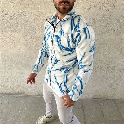 Erkek Tam Fermuarlı Desenli Polar SweatLightning Desen Yakalı, Uzun Kollu, Oversize Rahat Kalıp - Beyaz