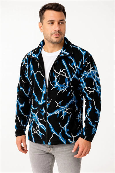 Erkek Tam Fermuarlı Desenli Polar Sweat Lightning Desen Yakalı, Uzun Kollu, Oversize Rahat Kalıp - Siyah