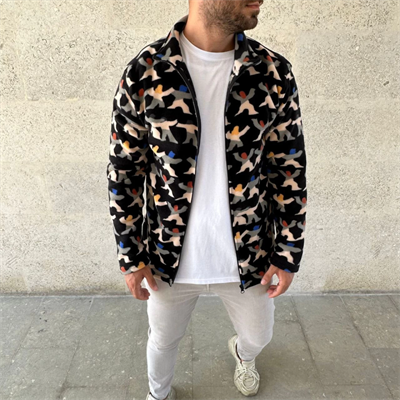 Erkek Tam Fermuarlı Desenli Polar Sweat – Siyah Multicolor Figür Desen Yakalı, Uzun Kollu, Oversize Rahat Kalıp- Siyah