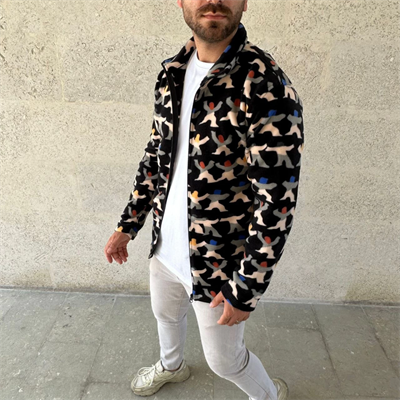 Erkek Tam Fermuarlı Desenli Polar Sweat – Siyah Multicolor Figür Desen Yakalı, Uzun Kollu, Oversize Rahat Kalıp- Siyah