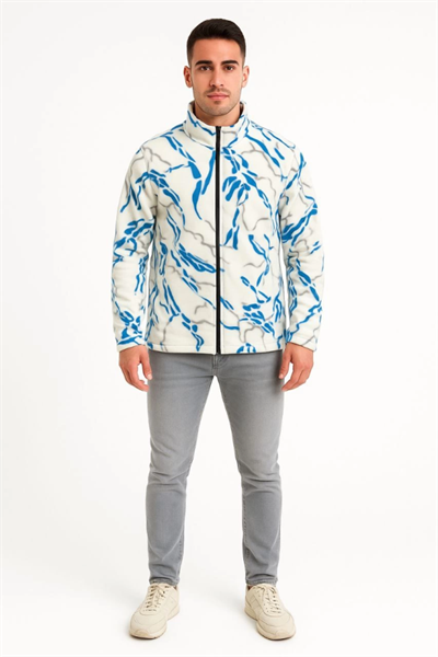 Erkek Tam Fermuarlı Desenli Polar SweatLightning Desen Yakalı, Uzun Kollu, Oversize Rahat Kalıp - Beyaz
