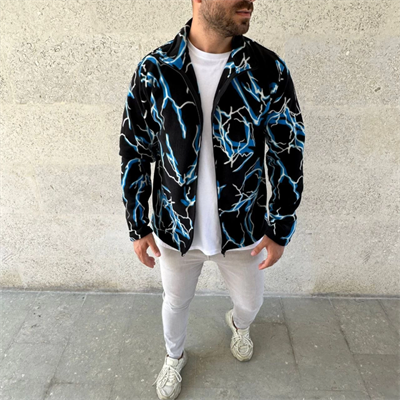 Erkek Tam Fermuarlı Desenli Polar Sweat Lightning Desen Yakalı, Uzun Kollu, Oversize Rahat Kalıp - Siyah