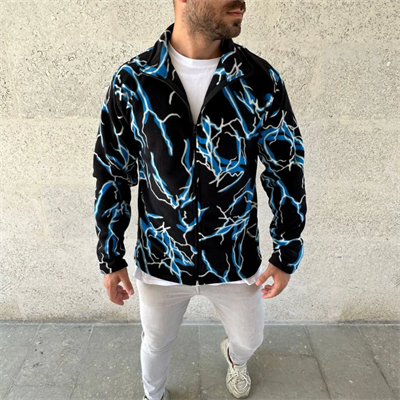 Erkek Tam Fermuarlı Desenli Polar Sweat Lightning Desen Yakalı, Uzun Kollu, Oversize Rahat Kalıp - Siyah