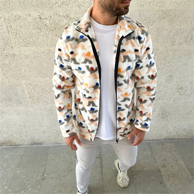 Erkek Tam Fermuarlı Desenli Polar Sweat – Siyah Multicolor Figür Desen Yakalı, Uzun Kollu, Oversize Rahat Kalıp- Beyaz