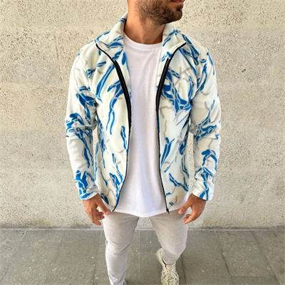 Erkek Tam Fermuarlı Desenli Polar SweatLightning Desen Yakalı, Uzun Kollu, Oversize Rahat Kalıp - Beyaz