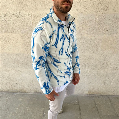 Erkek Tam Fermuarlı Desenli Polar SweatLightning Desen Yakalı, Uzun Kollu, Oversize Rahat Kalıp - Beyaz