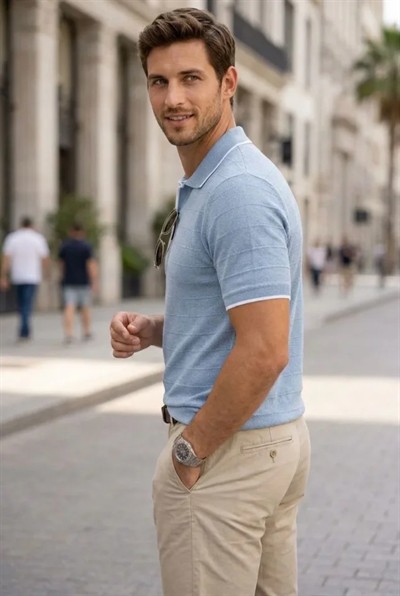 Erkek Triko Kumaş Yakalı Düğmesiz Açık Yaka Fitilli Kısa Kollu Regular Fit Tişört T-shirt - Bebek Mavisi