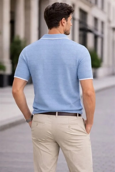 Erkek Triko Kumaş Yakalı Düğmesiz Açık Yaka Fitilli Kısa Kollu Regular Fit Tişört T-shirt - Bebek Mavisi