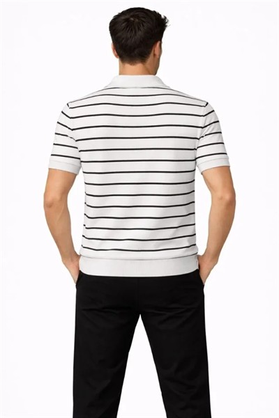 Erkek Triko Polo Yaka Fermuarlı Çizgili Tişört T-Shirt Yazlık Şık - Beyaz