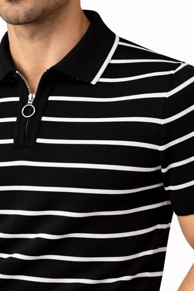 Erkek Triko Polo Yaka Fermuarlı Çizgili Tişört T-Shirt Yazlık Şık - Siyah