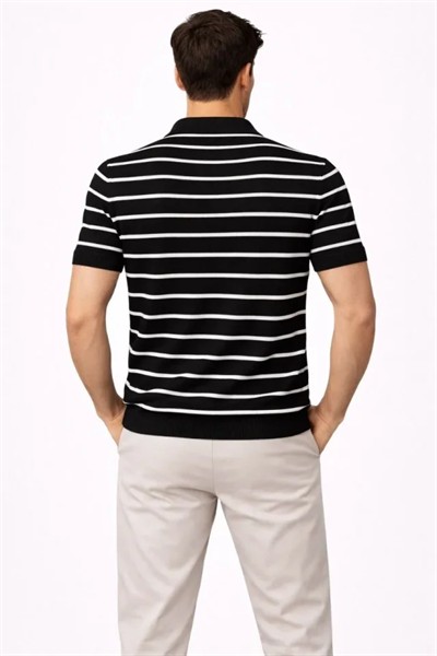 Erkek Triko Polo Yaka Fermuarlı Çizgili Tişört T-Shirt Yazlık Şık - Siyah