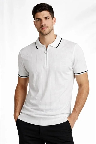 Erkek Triko Tişört Fermuar Yakalı Kısa Kol T-Shirt 3’lü Set Bej-Beyaz-Siyah