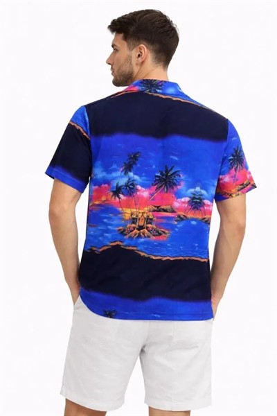 Erkek Tropikal Ada Manzara Desenli Kısa Kol Gömlek Hawaii Tarz Yazlık Rahat Kalıp - Desenli