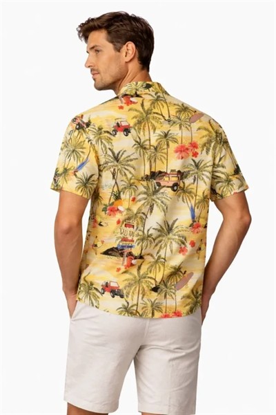 Erkek Tropikal Palmiye Desenli Kısa Kol Gömlek Hawaii Tarz Yazlık Rahat Kalıp - Desenli