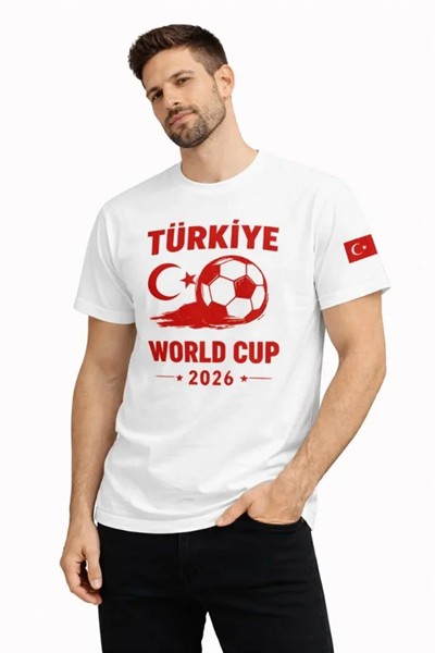 Erkek Türkiye World Cup 2026 Baskılı Tişört Futbol Temalı Forma T-Shirt - Beyaz