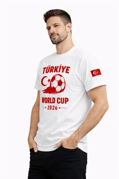 Erkek Türkiye World Cup 2026 Baskılı Tişört Futbol Temalı Forma T-Shirt - Beyaz