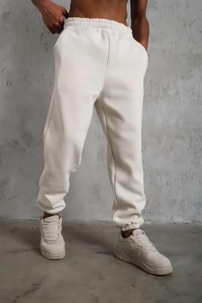 Erkek Üç İplik Alt Eşofman Lastikli - Beyaz