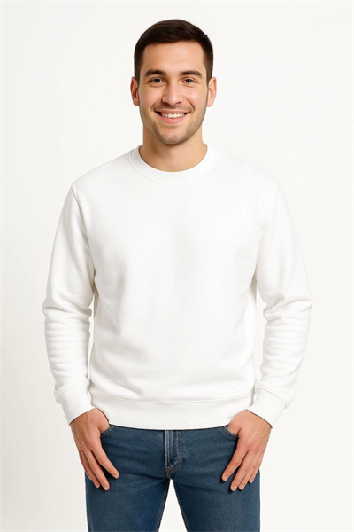 Erkek Üç İplik Düz Bisiklet Yaka SweatShirt - Beyaz