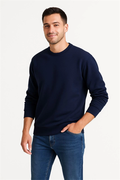 Erkek Üç İplik Düz Bisiklet Yaka SweatShirt - Lacivert