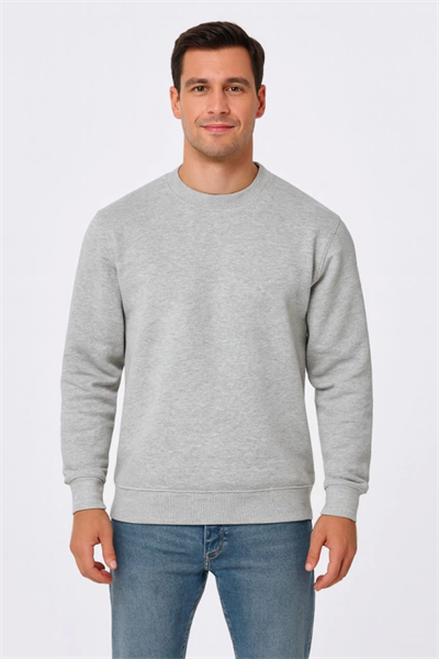 Erkek Üç İplik Düz Bisiklet Yaka SweatShirt - Gri