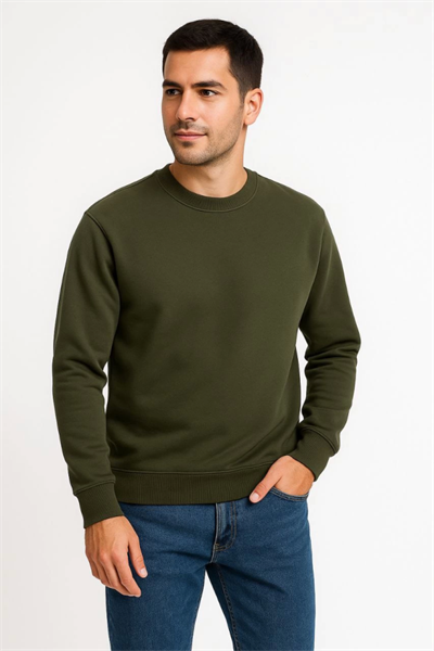 Erkek Üç İplik Düz Bisiklet Yaka SweatShirt - Haki