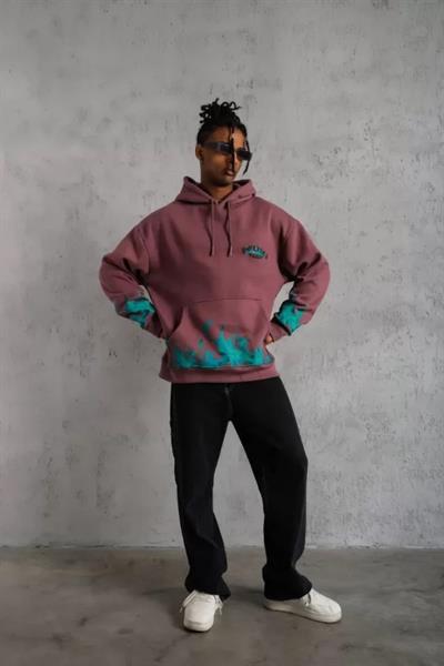 Erkek Üç İplik Içi Pamuklu Alev Baskılı Kapüşonlu Sweatshirt - Gül Kurusu